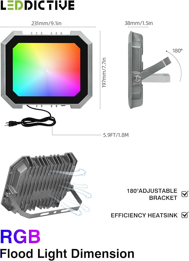 Leddictive 2 Pack RGB LED Flood Light 100W, 1000W Equivalent 10000 LM Outdoor Landscape Flood Lights with 2 Remote, IP66 Waterproof Outdoor Light for Christmas Party Stage Uplight Wall Wash