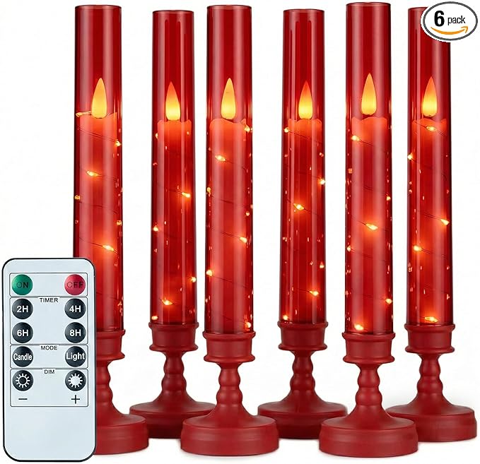 6 PCS Flameless Candles with Timer, Flickering Flameless LED Pillar Candles for Romantic Ambiance with Embedded Star String, Acrylic Battery Perated Fake Candles for Home Decoration (Red)