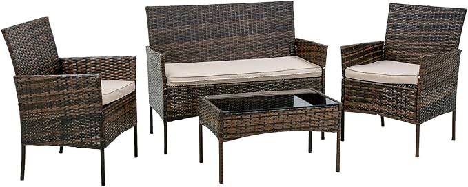 PayLessHere Patio Furniture 4 Pieces Outdoor Indoor Use Rattan Chairs Wicker Conversation Sets for Backyard Lawn Porch Garden Balcony,Brown