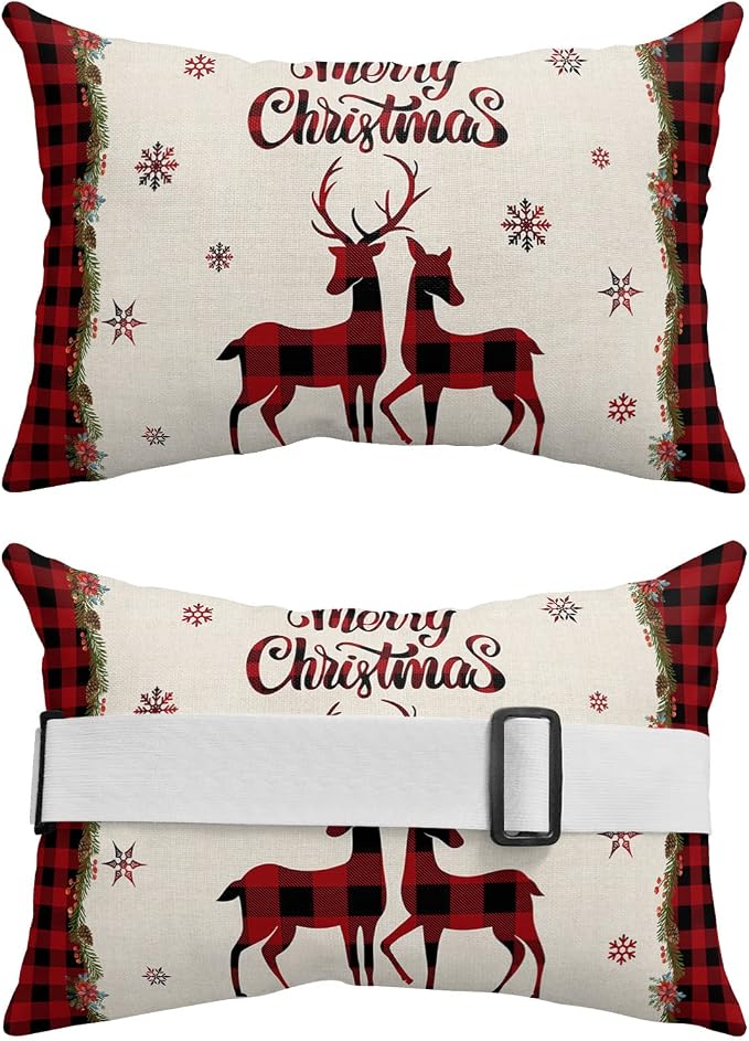 Outdoor Pillows Covers with Inserts Christmas Red and Black Buffalo Plaid Elk Waterproof Recliner Pillow with Adjustable Strap Throw Pillows for Patio Furniture Pool Lounge Chair, 11x16 inch, 1PCS