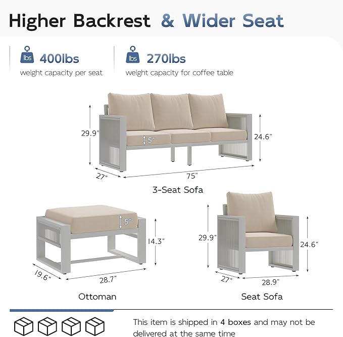 UDPATIO Aluminum Outdoor Furniture Set with Ottoman, 5 Piece Modern Patio Furniture Set, All Weather Patio Conversation Sets with Thickend Cushions, for Garden, Porch, Balcony, Light Grey/Beige