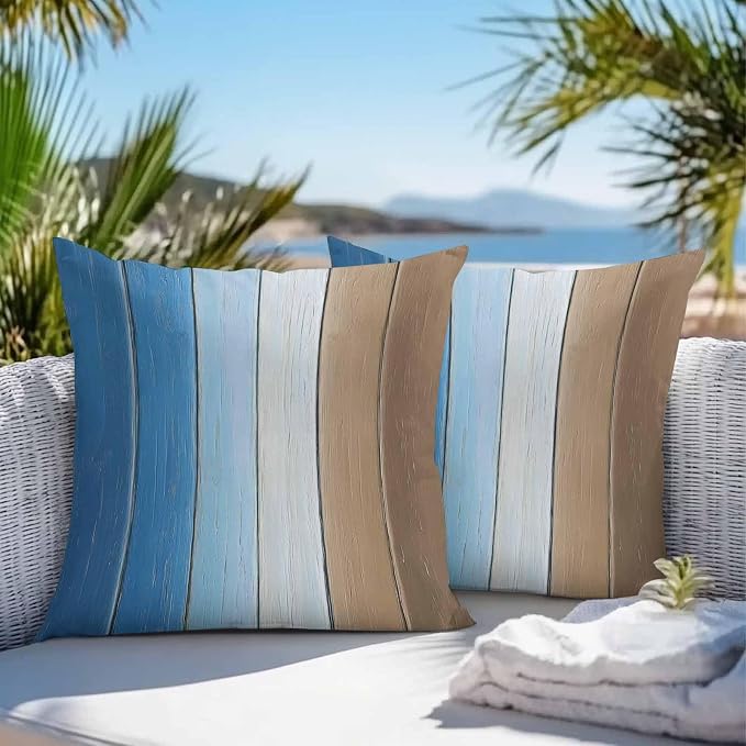 Throw Pillow Covers 16x16 Inch Set of 2, Blue Brown Waterproof Outdoor Cushion Covers, Gradient Wood Grain Farmhouse Country Decorative Pillowcases for Couch, Sofa, Bed, Garden, Patio