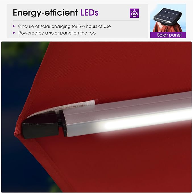 PURPLE LEAF Cantilever Umbrella with Base 13ft Outdoor Round Patio Solar Powered LED Umbrella with 360-degree Rotation for Garden Deck Pool Patio, Brick Red