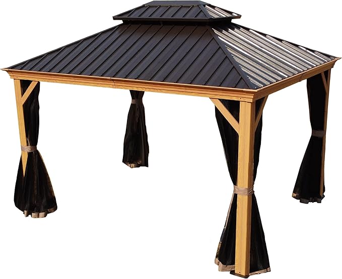 Kozyard Apollo 10’x12’ Hardtop Gazebo, Wooden Coated Aluminum Frame Canopy with Galvanized Steel Double Roof, Outdoor Permanent Metal Pavilion with Netting for Patio Balcony Lawn