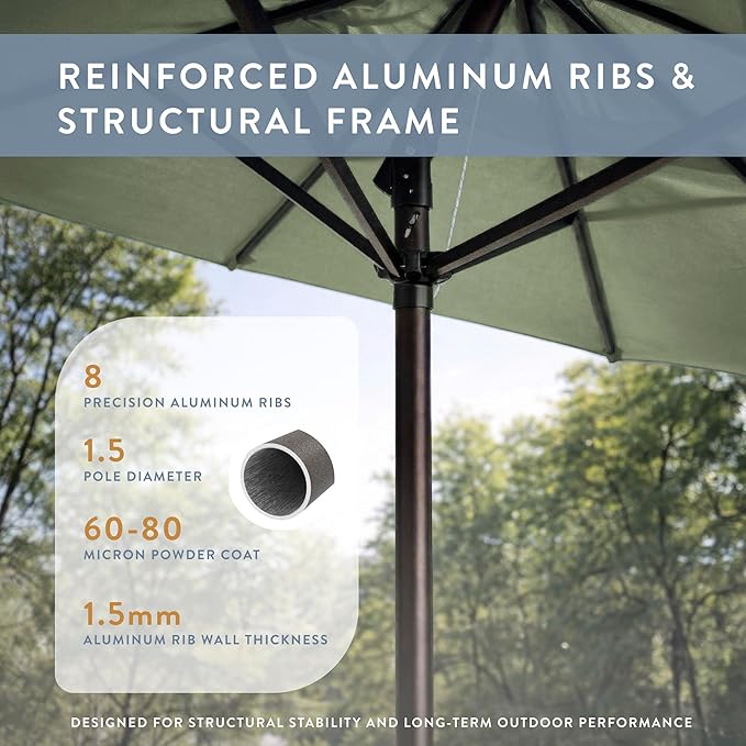 California Umbrella 12-Year Protection 9-Ft Outdoor Patio Umbrella, Sunbrella Fade-Resistant Fabric, Auto-Tilt, Heavy Duty Aluminum Frame, 8 Reinforced Ribs for Pool or Deck, Bronze Pole, Spa