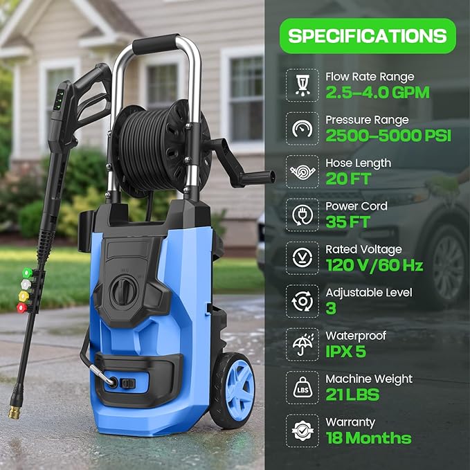 Electirc Pressure Washer 5000 PSI with 3 Levels Adjustable Pressure Gun, Portable Pull-Handle, 4 Nozzles and Foam Cannon, Heavy Duty Pressure Cleaner for Home/Car/Fence/Garden, Blue