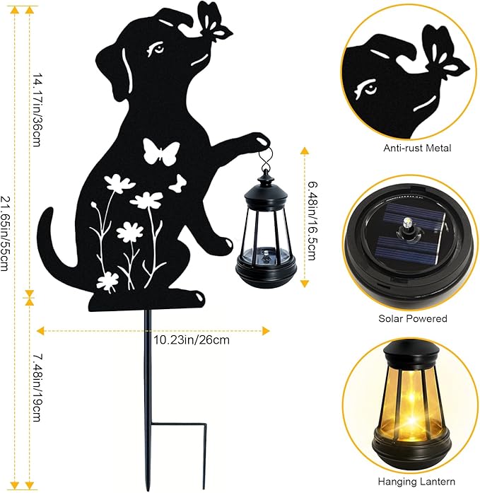 Dog Outdoor Solar Lantern Waterproof, Birthday Gifts for Christmas Women Mom, Solar Hanging Lights with Butterfly Metal Figurine, Garden Decor Outside Patio Yard Pathway Backyard Ornaments, 2 Pack
