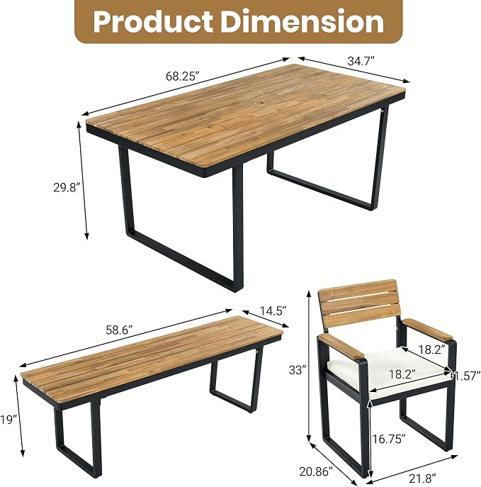 6 Piece Outdoor Dining Set, 1 Table with 4 Chairs & 1 Bench for 6-7 Person, Acacia Wood Dining Furniture Set with Removable Cushions, Adjustable Feet, Patio Backyard Dining Furniture, Beige