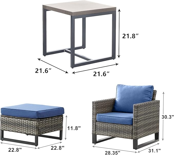 Wicker Outdoor Patio Furniture Set - 5 Piece Patio Conversation Set with 2 Wicker Armrest Chairs,2 Rattan Ottoman and 1 Metal Side Table for Outside Porch Deck Backyard Garden(Mixed Grey/Blue)