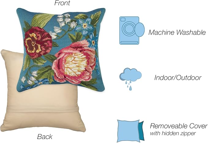Liora Manne MARINA Indoor/Outdoor Power Loomed Easy Care Pillow - Traditional Graphic Botanical Floral Accent (Secret Garden Aqua) (12" x 18")