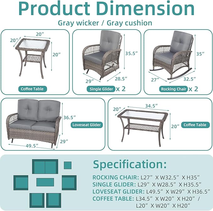 MEETWARM 7-Piece Outdoor Patio Conversation Set with Glider Loveseat, 4 Chairs, 2 Glass-Top Coffee Tables and Wicker Rocking Glider - Thickened Cushions, Gray