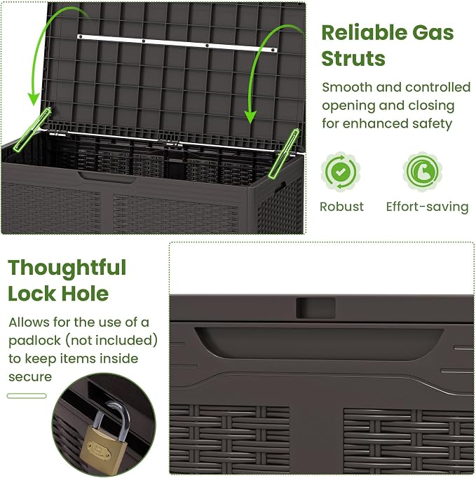 Giantex 100 Gallon Resin Outdoor Storage Box, Waterproof Deck Box w/Lockable Lid & Wheels, Rattan Storage Container Bench for Patio Cushions, Pool Accessories, Gardening Tools, 440 lbs (Brown)