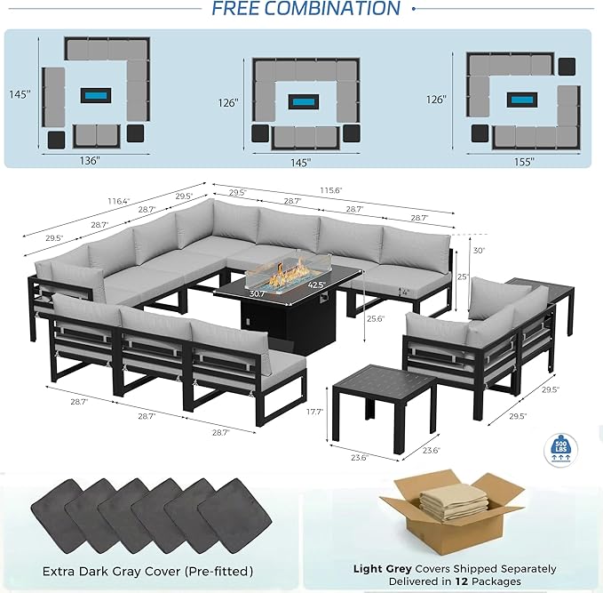 NICESOUL 15 Piece Oversized Aluminum Outdoor Patio Furniture Set with Fire Pit Table & Side Table, 29" Deep Wide Sectional Seating, 500 lbs High Weight Capacity Conversation Set for Deck, Light Gray
