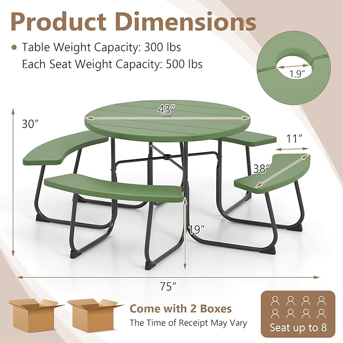 Moccha Picnic Table Bench Set - Outdoor Table and Chairs with Umbrella Hole, HDPE Tabletop & Metal Frame, Dining Table Set, Outdoor Camping Table for Garden Backyard Porch Patio Table Set (Green)