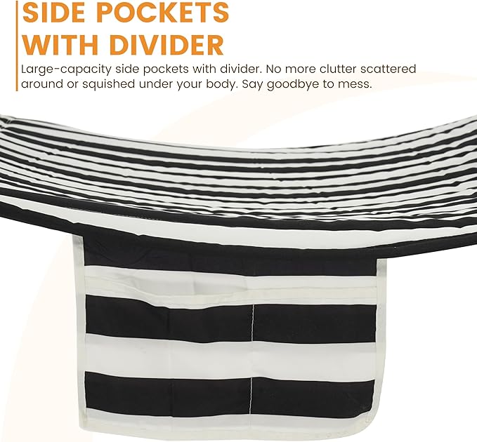 Lazy Daze Hammocks 2 Person Double Quilted Fabric Hammock with Spreader Bar, Detachable Pillow, Side Pocket, Carabiners, Chains, Straps for Outdoor, 450lbs Capacity, Black White Stripes