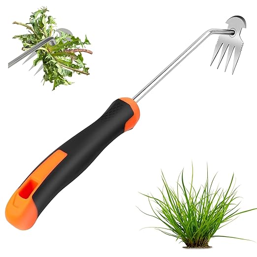 Manual Weed Puller Tool, 4 Teeth Heavy-Duty Manganese Steel Weeding Tool, Rust-Proof Stainless Steel Garden Weeder, Ergonomic Handle Portable Weed Remover for Lawn, Farm, Vegetable & Flower Gardening