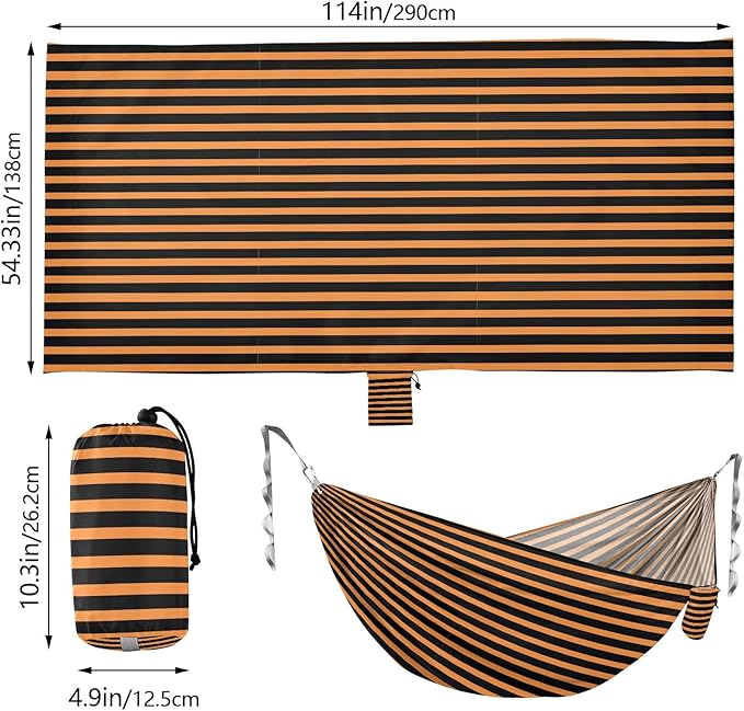 Camping Hammock Outdoor Hammocks for Outside Orange Black Stripe Beach Trees Portable Lightweight with Pockets Tree Straps Indoor