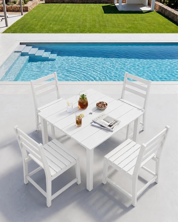 HDPE Outdoor Dining Set for 4, Square Table and Chairs, White | All-Weather HDPE, Wood Grain Finish, 42.5" Square Table, Built-In Umbrella Hole, Seats 4, Patio & Poolside Ready