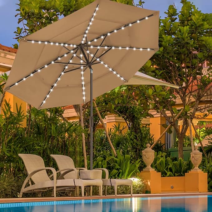 EliteShade USA 10-Year-Non-Fading 9ft 3-Tier Market Patio Umbrella, Commercial Table Umbrella with 80 Solar LED Lights, Crank Open, Windproof & UPF 50+ UV Protection for Garden, Deck, Pool, Backyard, Heather Beige