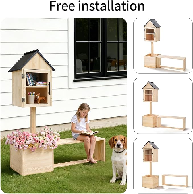 Little Library Box Outdoor with Bench & Planter, 3-in-1 Solid Pine Wood Community Book Exchange Box, Outdoor Neighborhood Library Station with Ground Stakes for School, Garden, Park & Patio
