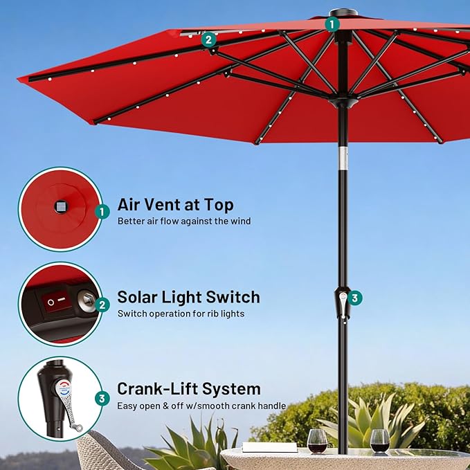 AreShark 9FT Patio Umbrella with Solar Lights, 32 Lighted Pool Umbrella w/Tilt and Crank, Outdoor Market Solar Umbrellas for Garden, Deck, Backyard, Pool and Beach, Red