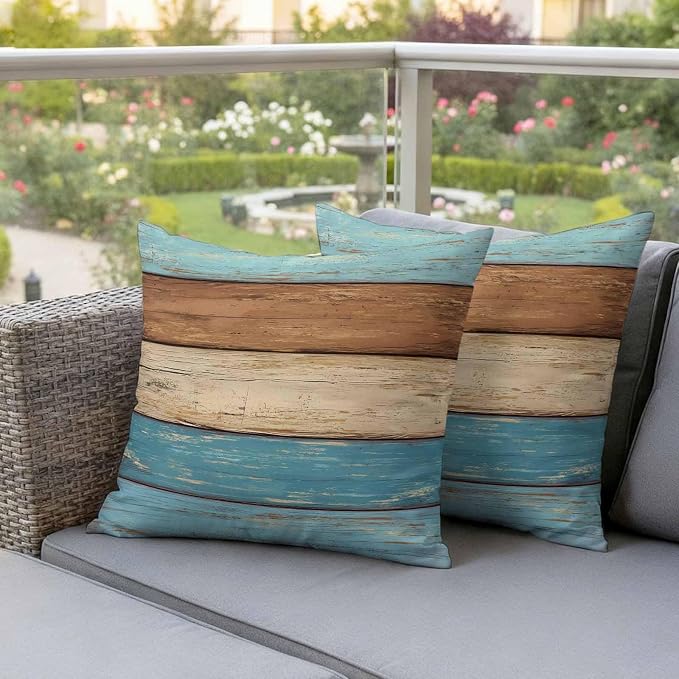 Farmhouse Light Blue Brown Outdoor Waterproof Pillow Covers, Vintage Wooden Striped Decorative Square Throw Pillowcase Sofa Cushion Sham for Patio/Couch/Chair, 24"x24" 2 Pack