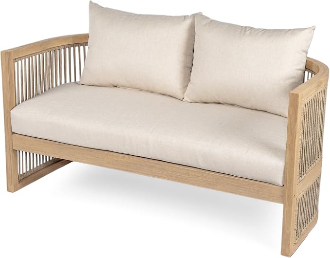 Christopher Knight Home Eden 5 Piece Patio Furniture Set with MGO Fire Pit+Tank Holder, 4-Seater Outdoor Acacia Wood Conversation Set with Cushions and Rectangular Fire Table,Light Teak+Beige+Natural