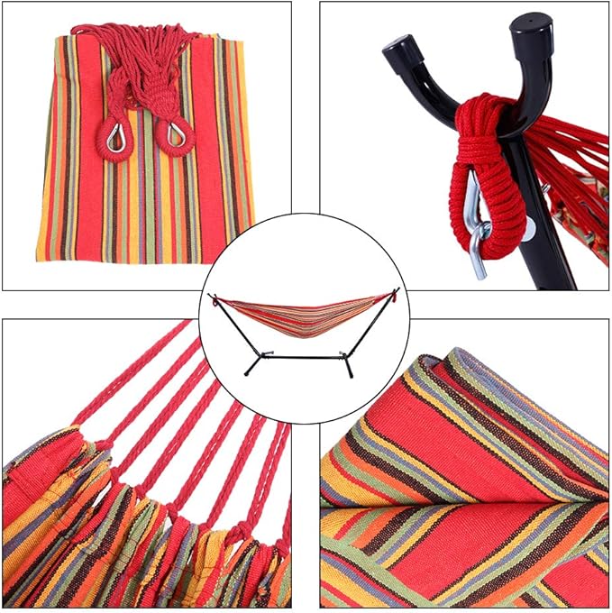 Portable Outdoor Polyester Hammocks Set,Professional Hammock Stand,Outdoor Patio Hammocks,Indoor Swing Hammock Chair Set,with Carry Bag,for Outside Patio Porch Beach Backyard (Red Stripe)