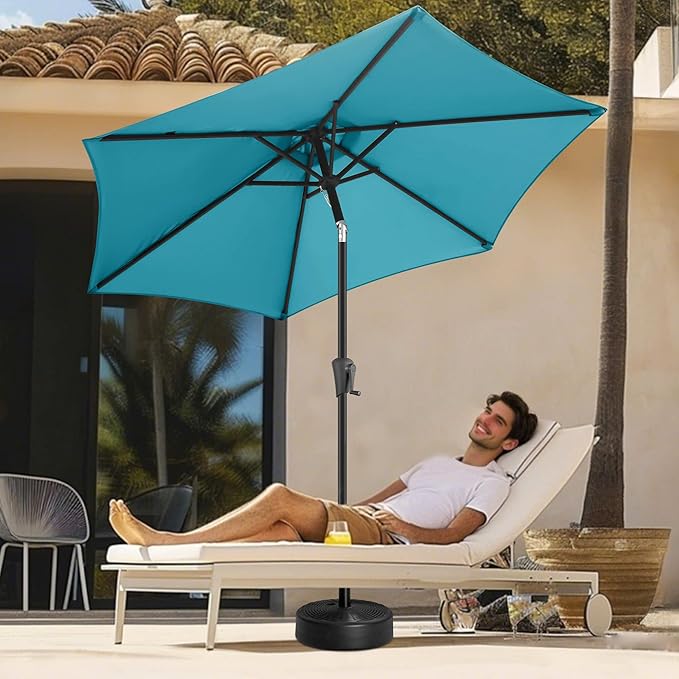 FLAME&SHADE 9ft Patio Umbrella Outdoor - Table Umbrella with Push Button Tilt and Crank, UV Protection, 6 Sturdy Ribs, Market Umbrella for Garden, Deck, Backyard, Lawn, Pool and Beach(Aqua Blue)