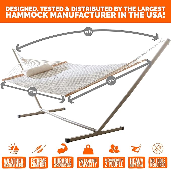 Castaway Living Large 2-Person Quilted Hammock with Stand & Pillow – Chevron, 10 ft. L x 52 in. W, 350 lb Capacity, Weather-Resistant Polyester, Portable Space-Saving Frame