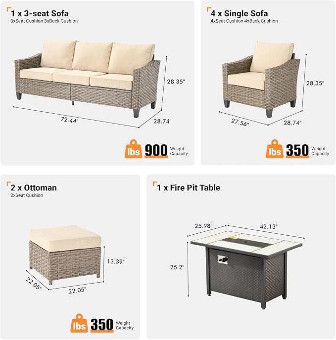 6 PCS Outdoor Patio Furniture 42in Set with Fire Pit Table, All-Weather Rattan Wicker Conversation Group with Deep Seating, Armchairs & Ottoman, High Back Comfort for Porch, Backyard, Beige