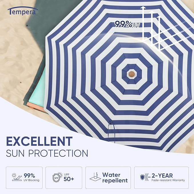 Tempera Heavy Duty High Wind Beach Umbrella with Sand Anchor & Carry Bag | Patio Outdoor Umbrella with Aluminum Frame and Push Button Tilt, Ideal for Travel Garden Lawn, UPF 60+