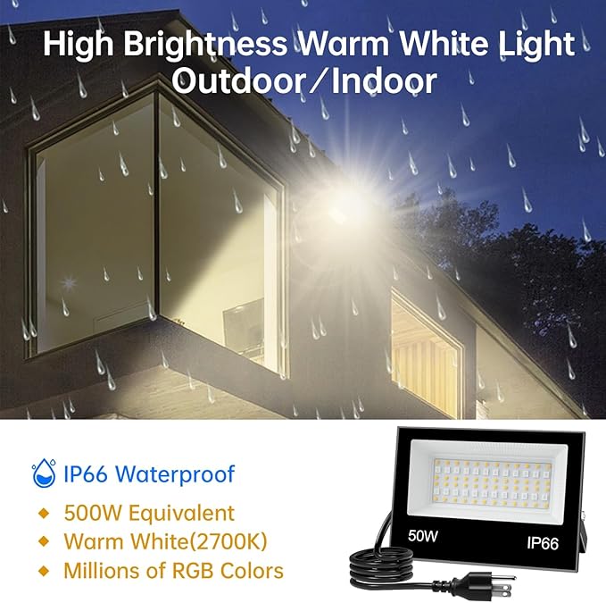 LED Flood Light Outdoor, 500W Equivalent 5000LM Smart RGB Landscape Lighting with APP Control, DIY Scenes - Timing - Warm White 2700K - Color Changing Uplight, IP66 Waterproof, 43 Modes (4 Pack)