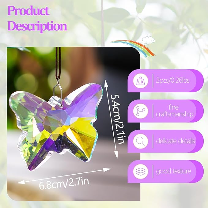 2 Pcs Crystal Butterfly Suncatcher Rainbow Maker Window Decor | 2.7 Inch Crystal Butterfly Sun Catchers Prisms Rainbow Maker Hanging Pendants for Window Garden Home Indoor Wedding Decor