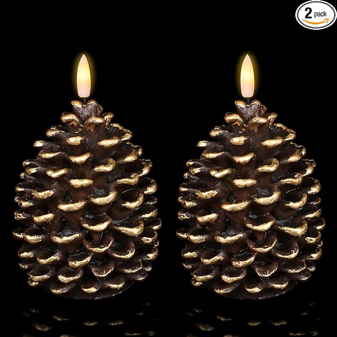 Wondise Flameless Candles with Timer, Battery Operated Flickering 3D Wick Real Wax Pine Cone Candles for Christmas Indoor Decoration, Set of 2, Brown(D3.5 x H6 Inch)