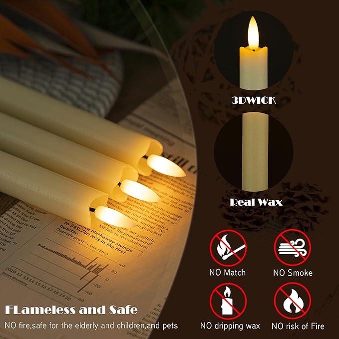 JOIONE Flameless Taper Candles with Remote, 2 Pack Real Wax LED Battery Operated Candle with Flickering Flame, Safe Home Décor for Living Room, Bedroom, and Dining Table, Wax Ivory