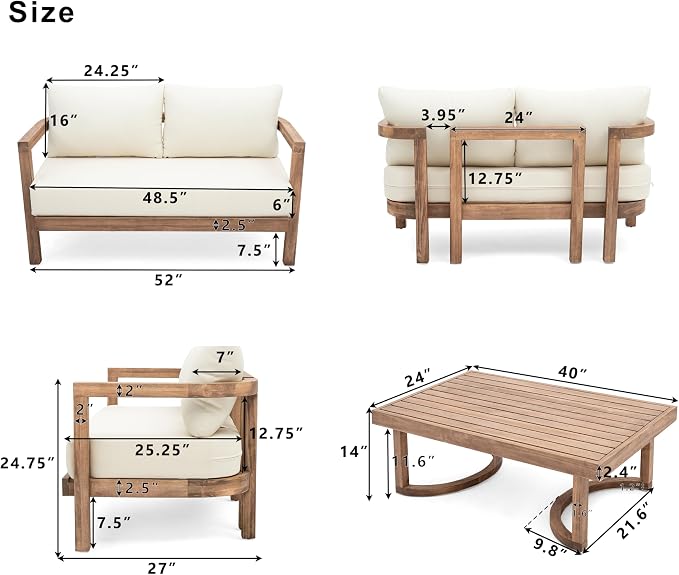 Merax 2-Piece Outdoor Acacia Wood Loveseat Sofa Couch with Coffee Table,Patio Furniture Conversation Set for Backyard