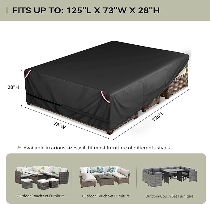 KylinLucky Rectangular Table Cover 125"x73", Heavy Duty Waterproof 600D for Large Outdoor Picnic & Dining Tables, with Straps & Clips, Black