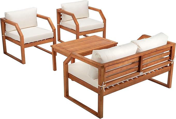 SAFAVIEH Outdoor DREN Natural Brown 4-Piece Set - Beige Seat Cushions Included