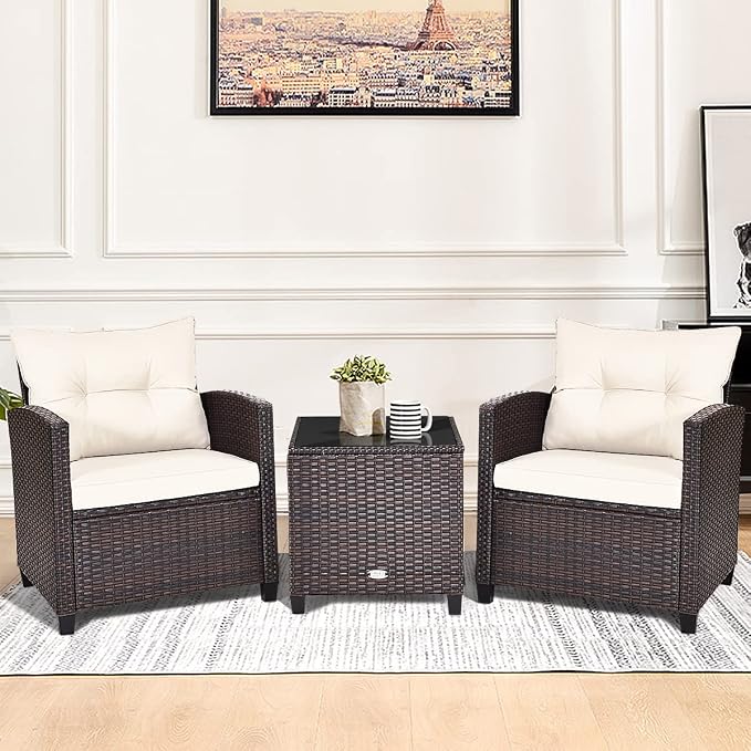 Modern Beige 3-Piece Wicker Patio Furniture Set with Water-Resistant Cushions & Tempered Glass Table