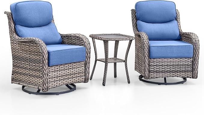 Swivel Patio Chairs Set of 3 with 6" Thick Cushion - Wicker Outdoor Swivel Rocker Patio Chairs with Side Table, High Back Comfortable Outdoor Glider- Grey Wicker | Blue Cushions