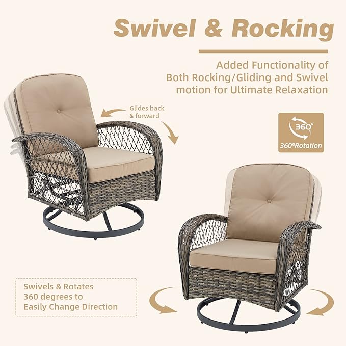 EROMMY 5 Pieces Outdoor Swivel Rocker Patio Chairs, 360 Degree Rocking Patio Conversation Set with Thickened Cushions, Glass Coffee Table and Ottomans for Backyard, Khaki
