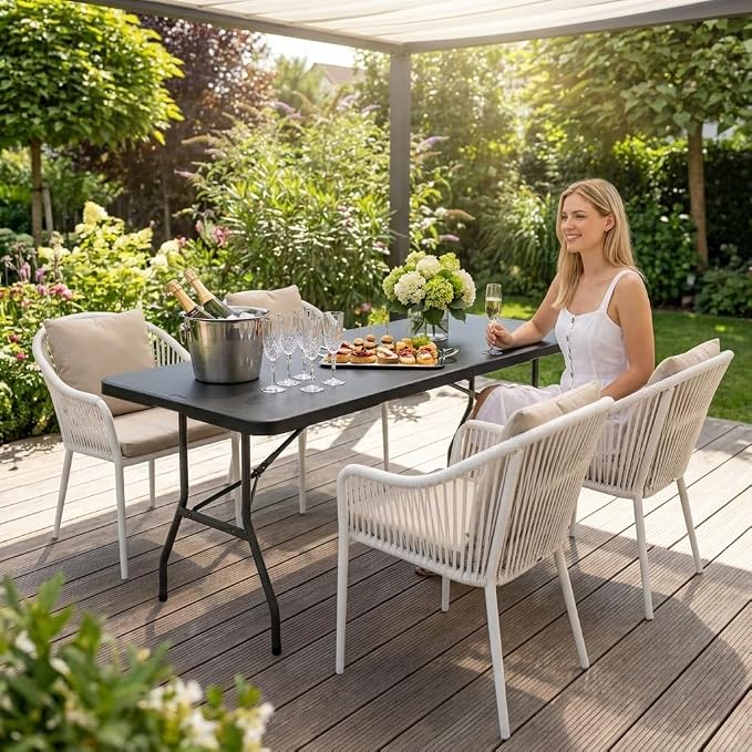 YITAHOME 8FT Heavy Duty Folding Table for Indoors & Outdoors Use, Versatile Rectangle Folding Table with Carrying Handle for Camping, Picnics, Parties, and Events, Black