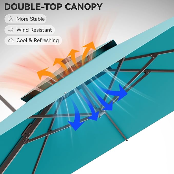 GENTEACO 10X10 FT Cantilever Umbrella, Large Offset Patio Umbrella with Double Top, 6 Angle Tilts & 360° Rotation, Large Square Sun Umbrellas for Outdoor Patio Pool Deck Market, Turquoise Blue