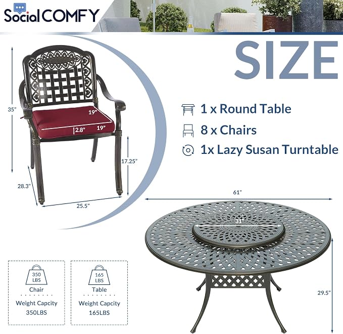 9-Piece Patio Cast Aluminum Dining Set, Outdoor Dining Furniture Set for 8 Person, Includes 8 Cushioned Chairs and 61" Large Round Dining Table with 31" Lazy Susan, Umbrella Hole, Red
