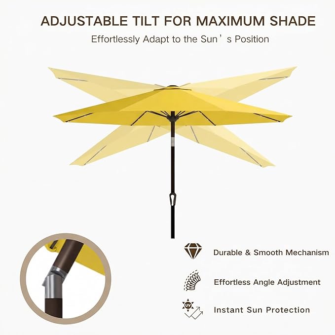 Kingdura 10FT Outdoor Patio Umbrella with Solar Lights, Market Table Umbrella with Push Button Tilt & Crank, 8 Sturdy Ribs, 32 LED Lights, UV Protection for Garden Lawn Deck Backyard Pool (Yellow)