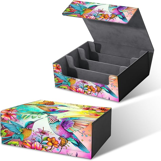 Card Deck Box for MTG, Cards Storage Box Fits 120+ Sleeved, Leather Big Size Strong Magnetic Closing Case for Board Games Magic TCG CCG Baseball Collection Women Man, Four Birds Flowers