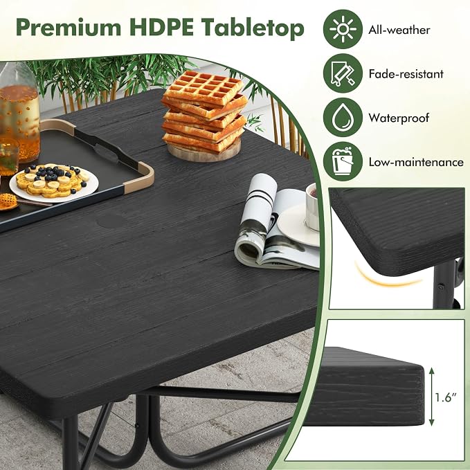 Square Picnic Table for 8 Person, Outside Table Bench Set w/ 4 Built-in Benches, Umbrella Hole, HDPE Top & Metal Frame, 2000LBS Capacity Outdoor Picnic Table for Garden, Porch, Patio (Black)