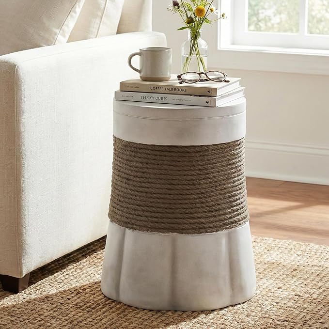 Round Outdoor Side Table MGO Concrete End Table with Brown Woven Rope Decor & Fan-Shaped Base, Fully Assembled Patio Accent Table for Balcony, Living Room, Garden, Light Gray