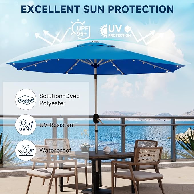 10FT 40-LED Solar Lighted Aluminum Patio Umbrella, Fade-Resistant Outdoor Market Table Umbrella with Push Button Tilt Function, 8 Sturdy All-Aluminum Ribs for Gardens, Decks, Backyards & Pools